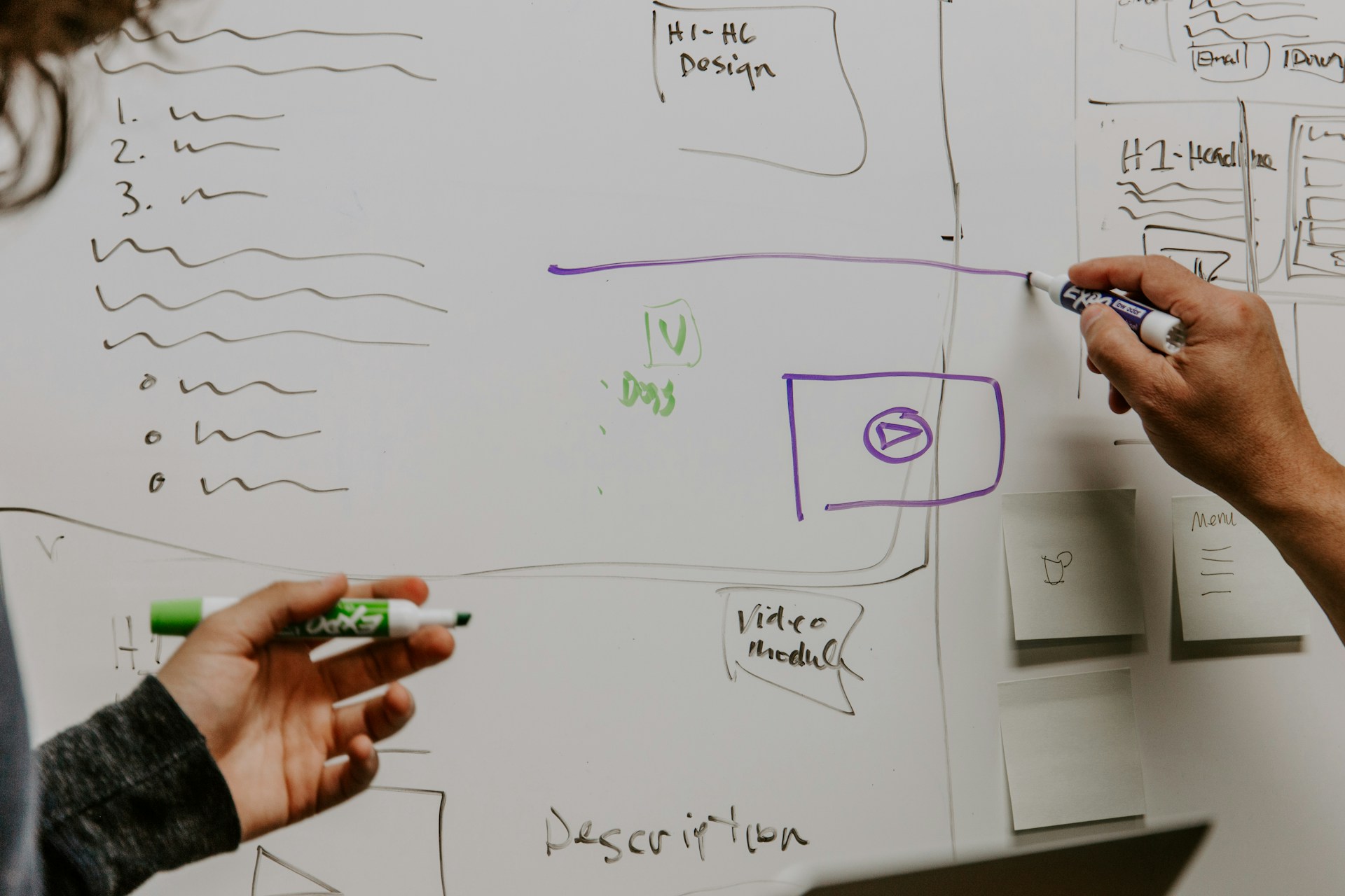 Hands sketching a UX wireframe on a whiteboard